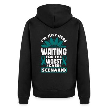 Teal Ribbon PTSD Stress Anxiety Disorder - Unisex Premium Organic Zip Hoodie - black - Back - Nico (187cm)