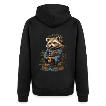 Vintage Marderhund Japanischer Sake Kunst - Unisex Premium Bio Zip Hoodie - Schwarz - Hinten - Nico (187cm)