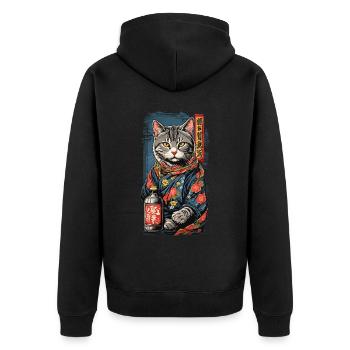 Katze Im Japanischen Sake Poster Vintage Art - Unisex Premium Bio Zip Hoodie - Schwarz - Hinten - Nico (187cm)