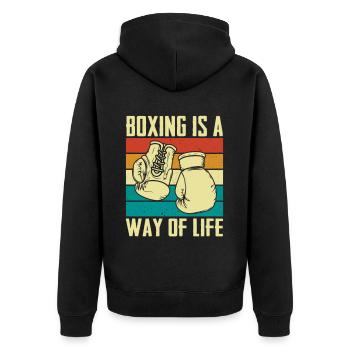 Boxen ist eine Lebenseinstellung - Unisex Premium Bio Zip Hoodie - Schwarz - Hinten - Nico (187cm)