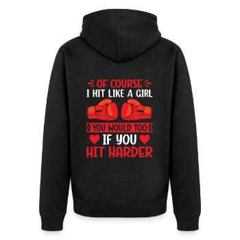 Natürlich schlage ich wie ein Mädchen, du würdest es auch tun, wenn du - Unisex Premium Bio Zip Hoodie - Schwarz - Hinten - Nico (187cm)