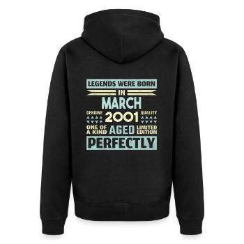 23. Geburtstag März Jahrgang 2001 Geschenkidee - Unisex Premium Bio Zip Hoodie - Schwarz - Hinten - Nico (187cm)