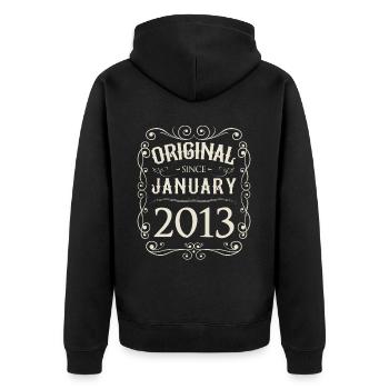 Vintage - Original since Januar 2013 Geburtstag - Unisex Premium Bio Zip Hoodie - Schwarz - Hinten - Nico (187cm)