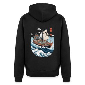 Japanese Art Aesthetic Captain Sailboat - Unisex Premium Organic Zip Hoodie - black - Back - Nico (187cm)