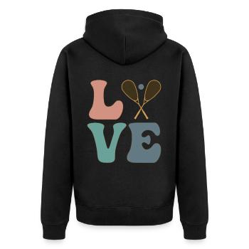 LOVE Squash Player Trainer - Unisex Premium Organic Zip Hoodie - black - Back - Nico (187cm)