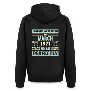 53. Geburtstag März Jahrgang 1971 Geschenkidee - Unisex Premium Bio Zip Hoodie - Schwarz - Hinten - Nico (187cm)