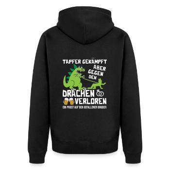 Tapfer gekämpft aber gegen den Drachen verloren - Unisex Premium Bio Zip Hoodie - Schwarz - Hinten - Nico (187cm)