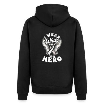 Lungenkrebs-Bewusstseinskleidung Weiß für meinen Helden - Unisex Premium Bio Zip Hoodie - Schwarz - Hinten - Nico (187cm)