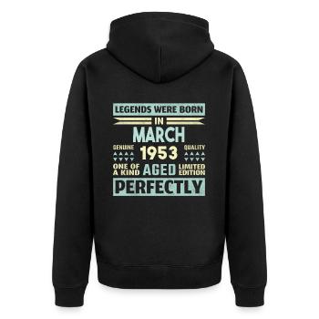 71. Geburtstag März Jahrgang 1953 Geschenkidee - Unisex Premium Bio Zip Hoodie - Schwarz - Hinten - Nico (187cm)