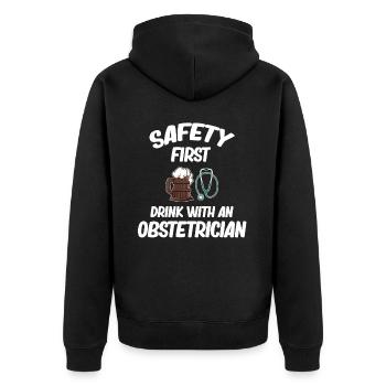 Safety First Drink Mit Einem Gynäkologen Und - Unisex Premium Bio Zip Hoodie - Schwarz - Hinten - Nico (187cm)