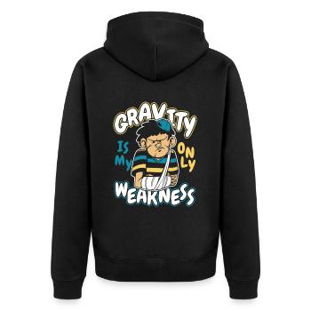 Die Schwerkraft ist meine einzige Schwäche, gebrochener Fingerknochen - Unisex Premium Bio Zip Hoodie - Schwarz - Hinten - Nico (187cm)