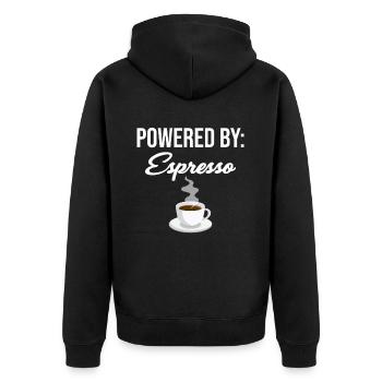 Powered By Espresso Lovers Barista - Unisex Premium Bio Zip Hoodie - Schwarz - Hinten - Nico (187cm)