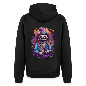 Faultier Psychedelic Art Wald Pilze Musik Festival - Unisex Premium Bio Zip Hoodie - Schwarz - Hinten - Nico (187cm)