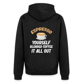 Espresso Yourself Blended Coffee It All Out - Unisex Premium Bio Zip Hoodie - Schwarz - Hinten - Nico (187cm)