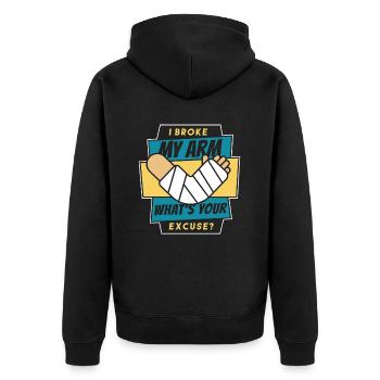Ich habe mir den Arm gebrochen, was ist deine Entschuldigung, gebrochener Finger? - Unisex Premium Bio Zip Hoodie - Schwarz - Hinten - Nico (187cm)