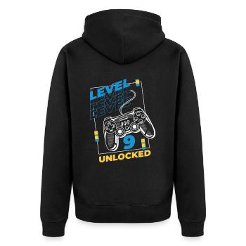 Gamer Gaming Level 9 Unlocked - Unisex Premium Bio Zip Hoodie - Schwarz - Hinten - Nico (187cm)