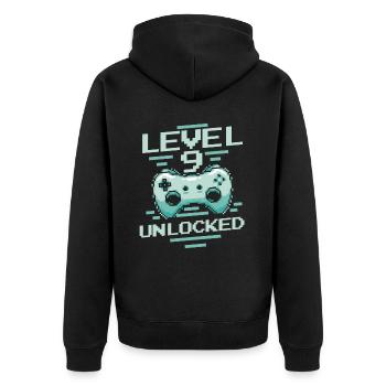 Gamer Gaming Level 9 Unlocked - Unisex Premium Bio Zip Hoodie - Schwarz - Hinten - Nico (187cm)