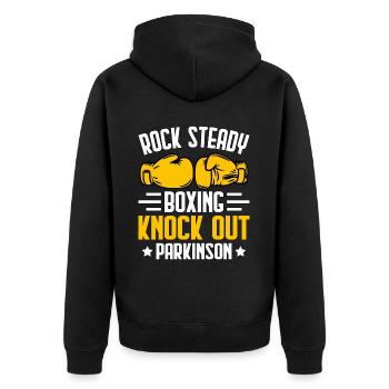 Rock Steady Boxen Knock Out Parkinson - Unisex Premium Bio Zip Hoodie - Schwarz - Hinten - Nico (187cm)