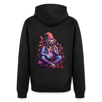 Faultier Psychedelic Art Wald Pilze Musik Festival - Unisex Premium Bio Zip Hoodie - Schwarz - Hinten - Nico (187cm)