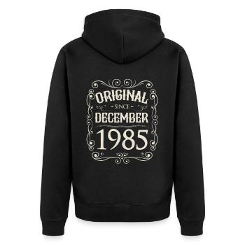 Vintage - Original since Dezember 1985 Geburtstag - Unisex Premium Bio Zip Hoodie - Schwarz - Hinten - Nico (187cm)