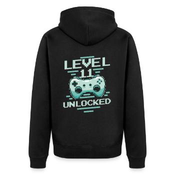 Gamer Gaming Level 11 Unlocked - Unisex Premium Bio Zip Hoodie - Schwarz - Hinten - Nico (187cm)