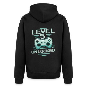 Gamer Gaming Level 5 Unlocked - Unisex Premium Bio Zip Hoodie - Schwarz - Hinten - Nico (187cm)