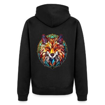 Geometric Stained Glass Wolf Vintage Mosaic - Unisex Premium Bio Zip Hoodie - Schwarz - Hinten - Nico (187cm)