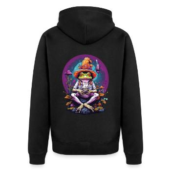 Frosch Psychedelic Art Wald Pilze Musik Festival - Unisex Premium Bio Zip Hoodie - Schwarz - Hinten - Nico (187cm)