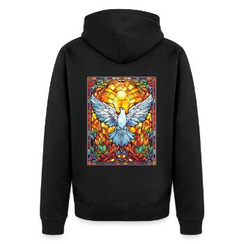 Stained Glass Dove Spiritual Vintage Geometric Mos - Unisex Premium Bio Zip Hoodie - Schwarz - Hinten - Nico (187cm)