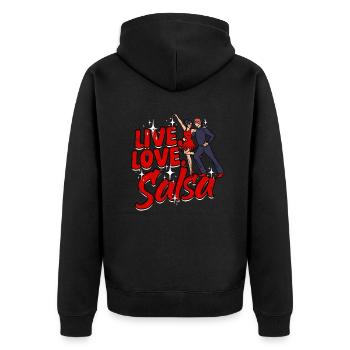 Live Love Salsa Salsero Salsera - Unisex Premium Bio Zip Hoodie - Schwarz - Hinten - Nico (187cm)