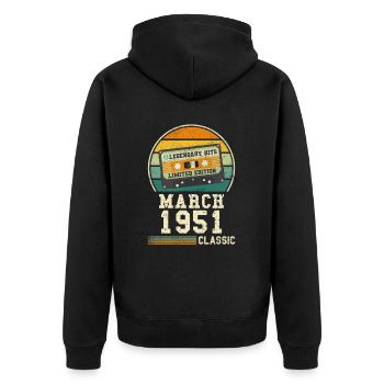 73. Geburtstag März Jahrgang 1951 Geschenkidee - Unisex Premium Bio Zip Hoodie - Schwarz - Hinten - Nico (187cm)