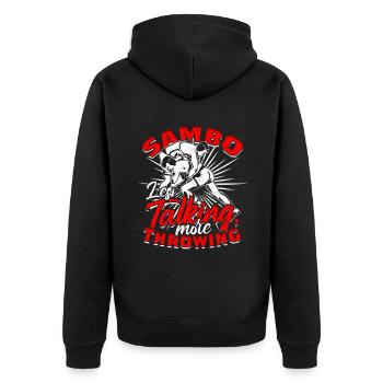 Sambo Less Talking More Throwing - Unisex Premium Bio Zip Hoodie - Schwarz - Hinten - Nico (187cm)
