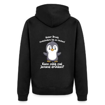 Unter Druck Funktioniere Ich Am Besten - Unisex Premium Bio Zip Hoodie - Schwarz - Hinten - Nico (187cm)