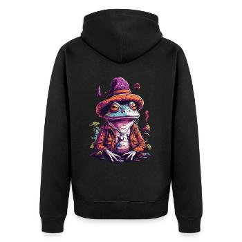 Magischer Frosch Psychedelic Wald Pilze Musik - Unisex Premium Bio Zip Hoodie - Schwarz - Hinten - Nico (187cm)