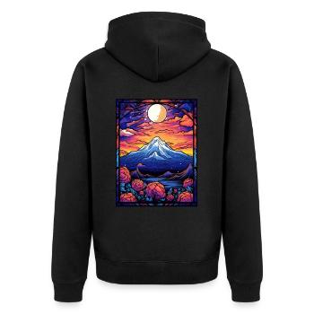 Japanese Mount Fuji Landscape Floral Stained Glass - Unisex Premium Bio Zip Hoodie - Schwarz - Hinten - Nico (187cm)