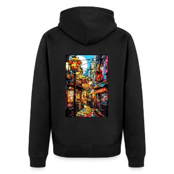 Osaka City Pop Stained Glass Japanese Aesthetic - Unisex Premium Bio Zip Hoodie - Schwarz - Hinten - Nico (187cm)