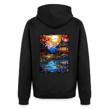 Rural Japanese Village Stained Glass Anime Landsca - Unisex Premium Bio Zip Hoodie - Schwarz - Hinten - Nico (187cm)