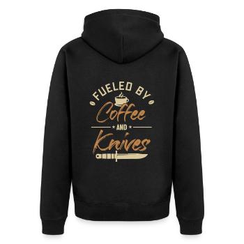 Angetrieben von Kaffee und Messern Metzgermesser Messer - Unisex Premium Bio Zip Hoodie - Schwarz - Hinten - Nico (187cm)
