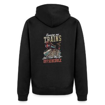 Modelleisenbahnen wie mein Leben: Abseits des Fahrplans - Unisex Premium Bio Zip Hoodie - Schwarz - Hinten - Nico (187cm)