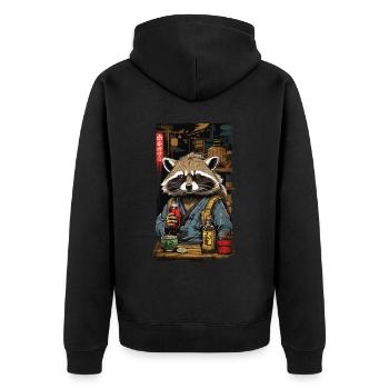 Waschbär Japanischer Sake und Vintage Kunst - Unisex Premium Bio Zip Hoodie - Schwarz - Hinten - Nico (187cm)
