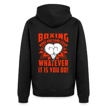 Boxen ist großartiger als das, was du tust - Unisex Premium Bio Zip Hoodie - Schwarz - Hinten - Nico (187cm)