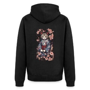 Katze mit Kimono Aesthetic Yokai Streetwear - Unisex Premium Bio Zip Hoodie - Schwarz - Hinten - Nico (187cm)