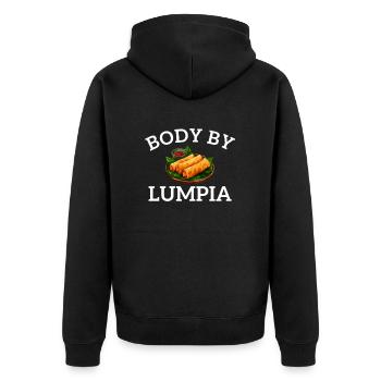 Body by lumpia, food filipino - Unisex Premium Bio Zip Hoodie - Schwarz - Hinten - Nico (187cm)