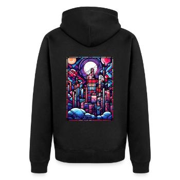 Geometric Stained Glass Vaporwave City Japanese Ae - Unisex Premium Bio Zip Hoodie - Schwarz - Hinten - Nico (187cm)