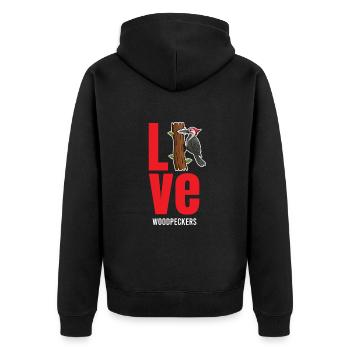Dear woodpeckers, lovers, birdwatchers, - Unisex Premium Organic Zip Hoodie - black - Back - Nico (187cm)