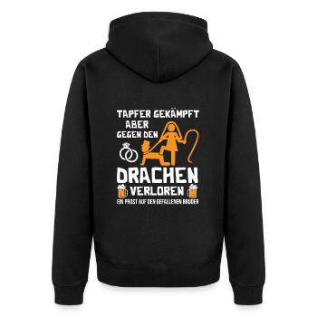 Tapfer gekämpft aber gegen den Drachen verloren - Unisex Premium Bio Zip Hoodie - Schwarz - Hinten - Nico (187cm)