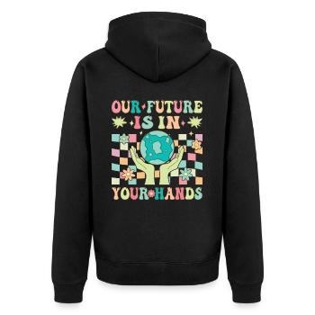 Umweltschützer Klimawandel Unsere Zukunft liegt in - Unisex Premium Bio Zip Hoodie - Schwarz - Hinten - Nico (187cm)