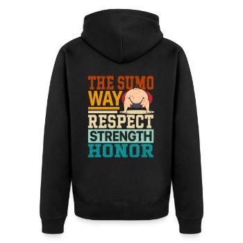 Der Sumo-Weg: Respekt, Stärke, Ehre - Unisex Premium Bio Zip Hoodie - Schwarz - Hinten - Nico (187cm)