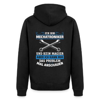 Mechatroniker-Shirt Technikzauber in Aktion - Unisex Premium Bio Zip Hoodie - Schwarz - Hinten - Nico (187cm)