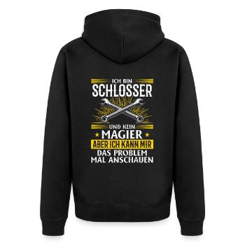 Schlosser-Shirt: Geschick über Magie - Unisex Premium Bio Zip Hoodie - Schwarz - Hinten - Nico (187cm)